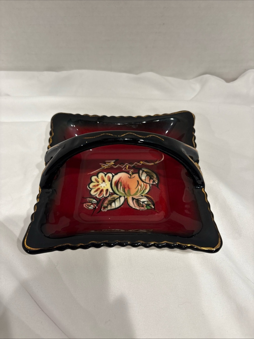 Ceramic Porcelain - Candy or Trinket Basket with Handle & Flowers - Red